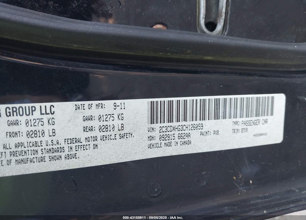 2012 DODGE CHARGER VIN: 2C3CDXHG3CH126059