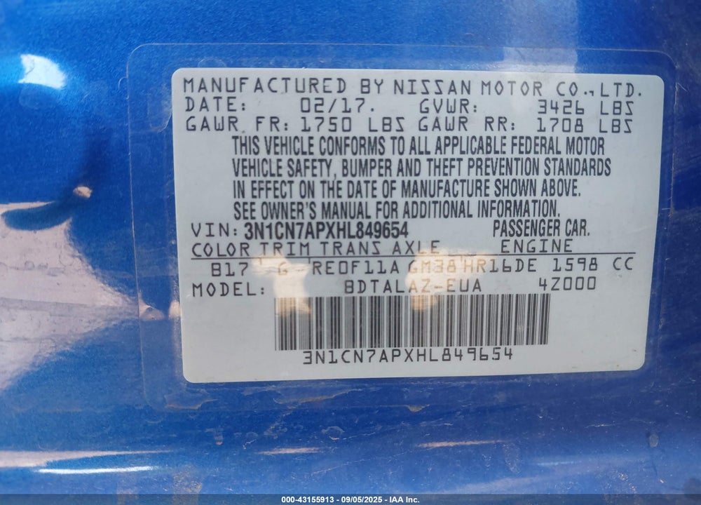 2017 NISSAN VERSA VIN: 3N1CN7APXHL849654
