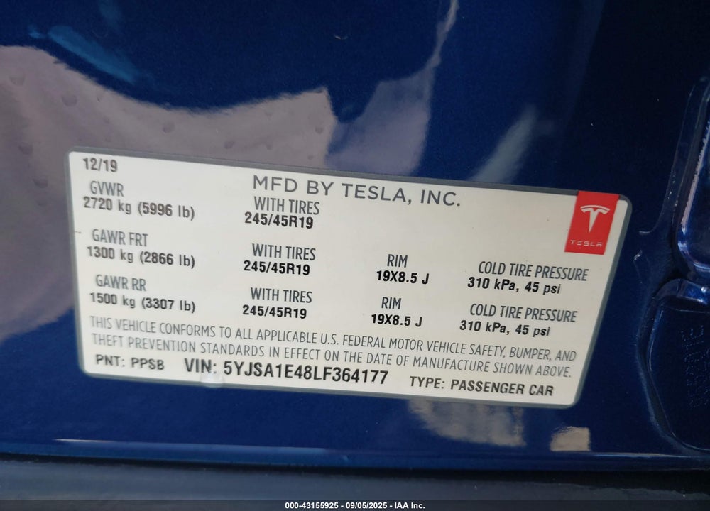 2020 TESLA MODEL S VIN: 5YJSA1E48LF364177