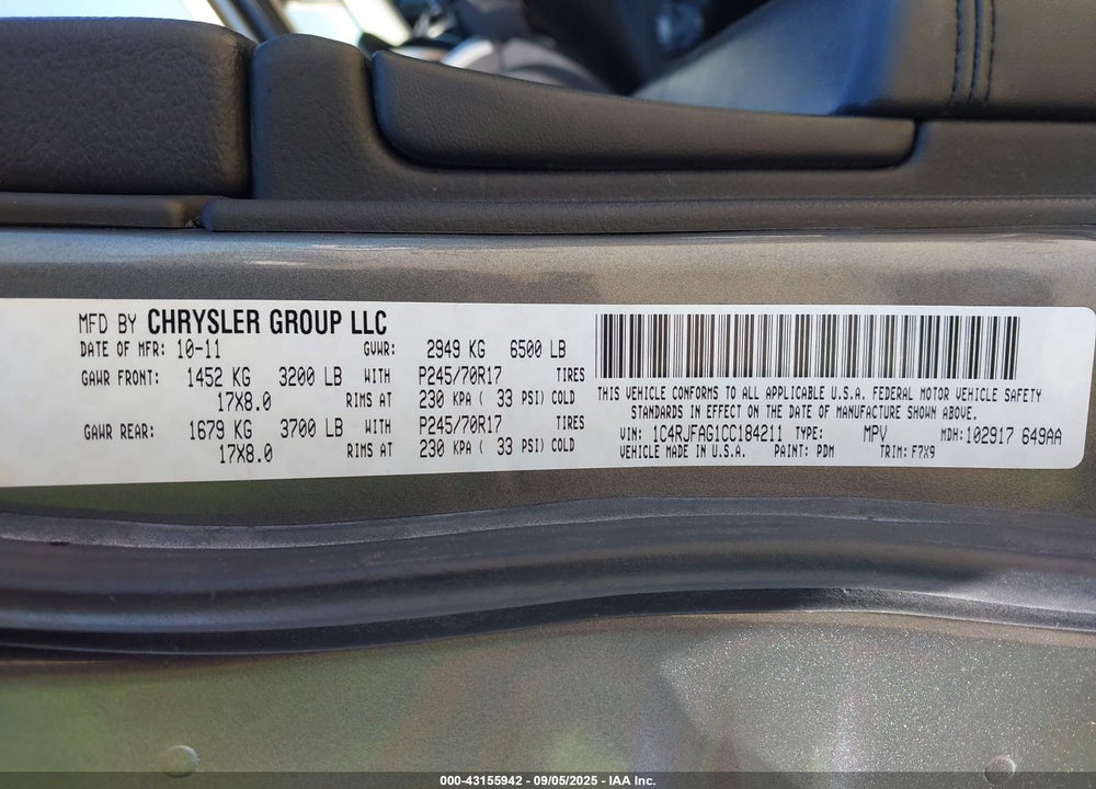 2012 JEEP GRAND CHEROKEE VIN: 1C4RJFAG1CC184211