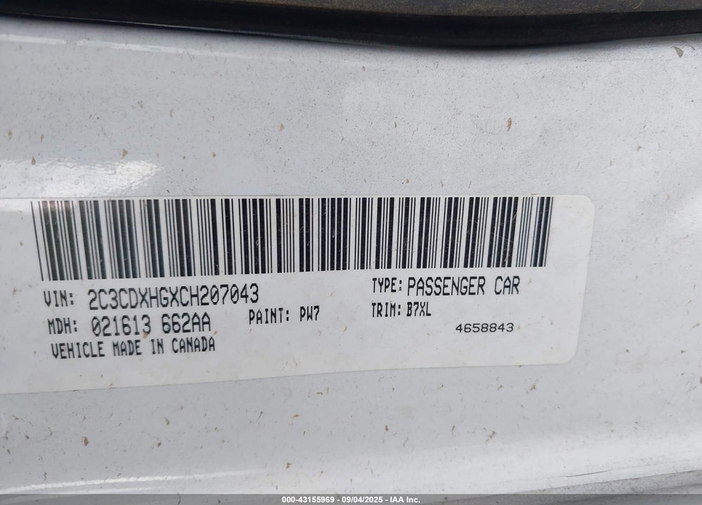 2012 DODGE CHARGER VIN: 2C3CDXHGXCH207043