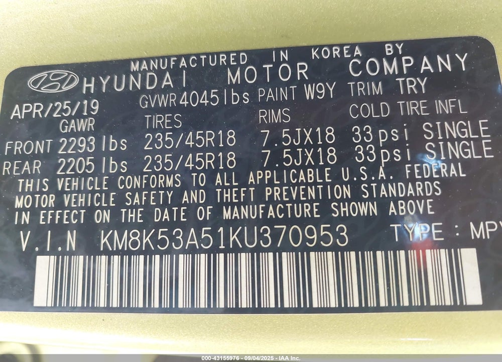 2019 HYUNDAI KONA VIN: KM8K53A51KU370953
