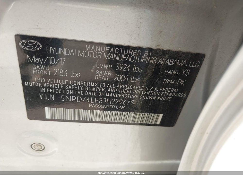 2018 HYUNDAI ELANTRA VIN: 5NPD74LF8JH229678