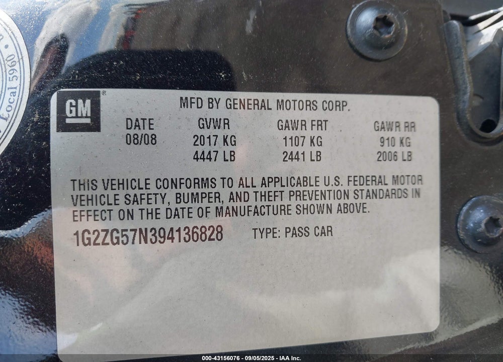 2009 PONTIAC G6 VIN: 1G2ZG57N394136828