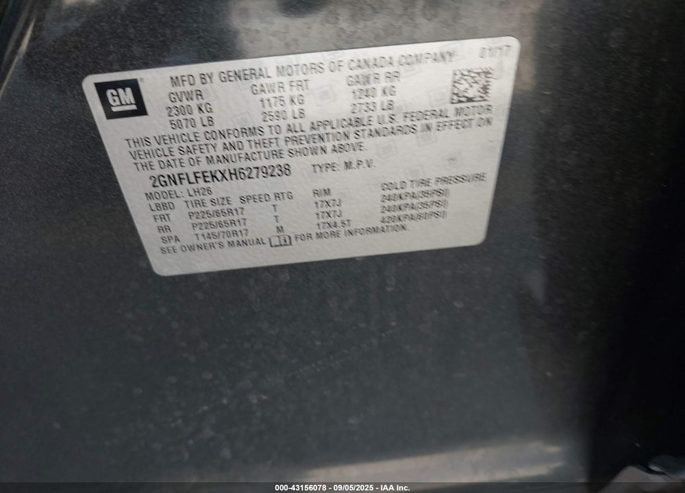 2017 CHEVROLET EQUINOX VIN: 2GNFLFEKXH6279238