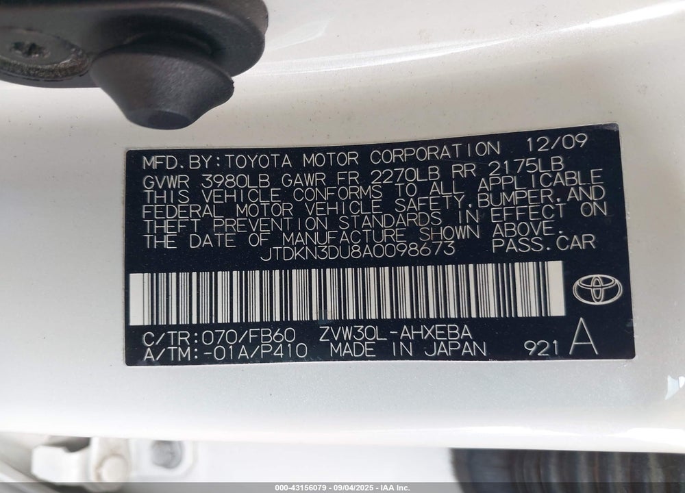 2010 TOYOTA PRIUS VIN: JTDKN3DU8A0098673