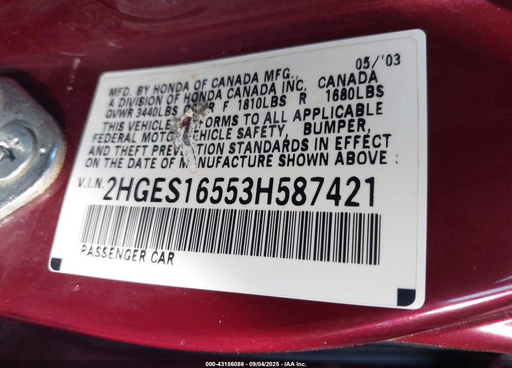 2003 HONDA CIVIC LX VIN: 2HGES16553H587421