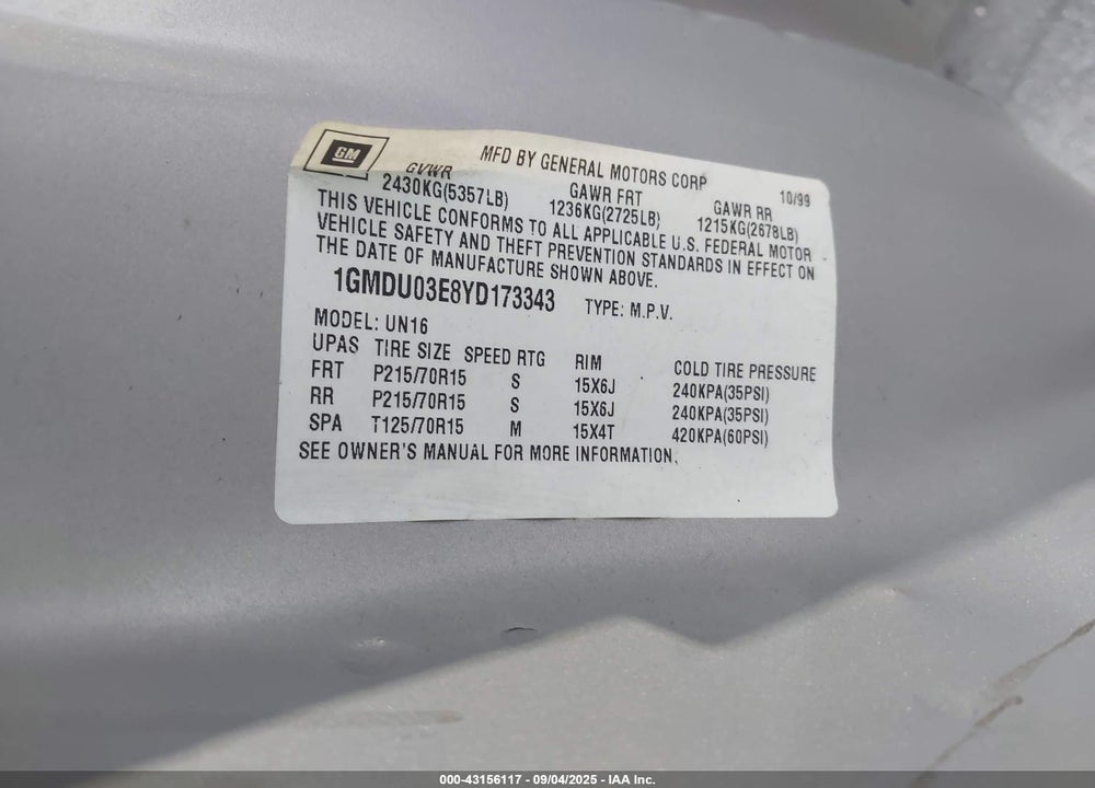 2000 PONTIAC MONTANA N16 VIN: 1GMDU03E8YD173343