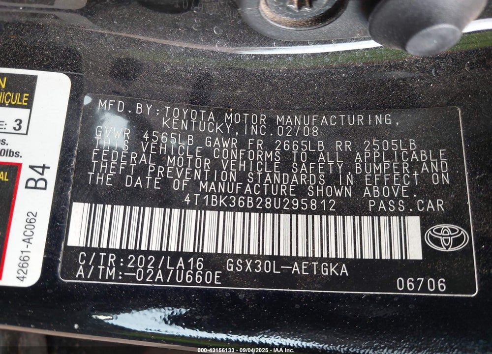 2008 TOYOTA AVALON XLS VIN: 4T1BK36B28U295812