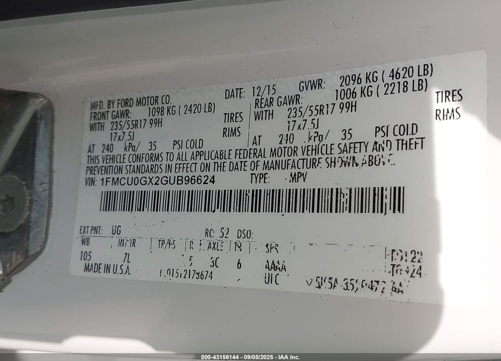 2016 FORD ESCAPE VIN: 1FMCU0GX2GUB96624