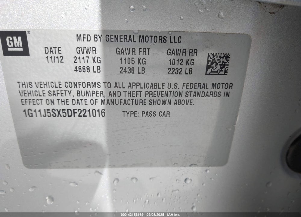 2013 CHEVROLET MALIBU VIN: 1G11J5SX5DF221016