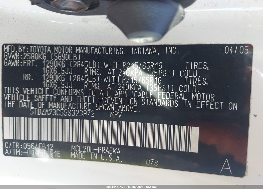 2005 TOYOTA SIENNA LE VIN: 5TDZA23C55S323972