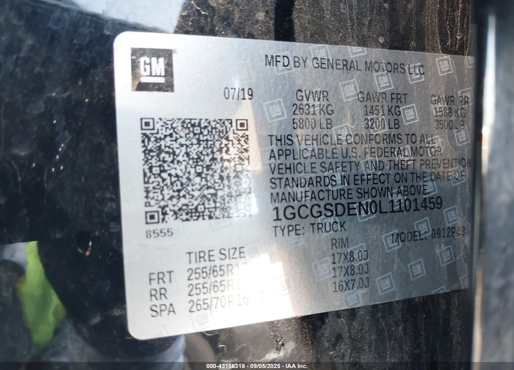 2020 CHEVROLET COLORADO VIN: 1GCGSDEN0L1101459
