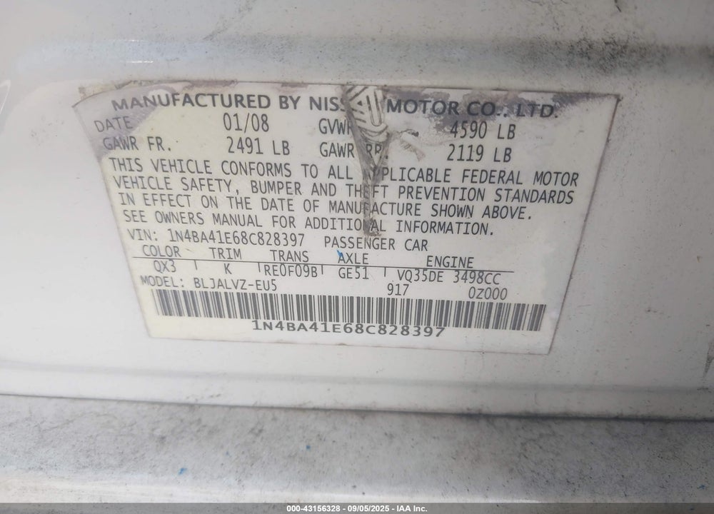 2008 NISSAN MAXIMA 3.5 SE VIN: 1N4BA41E68C828397