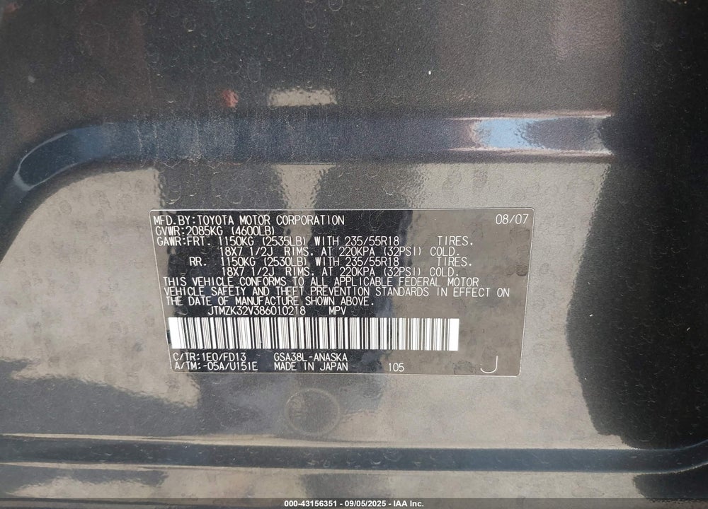 2008 TOYOTA RAV4 VIN: JTMZK32V386010218