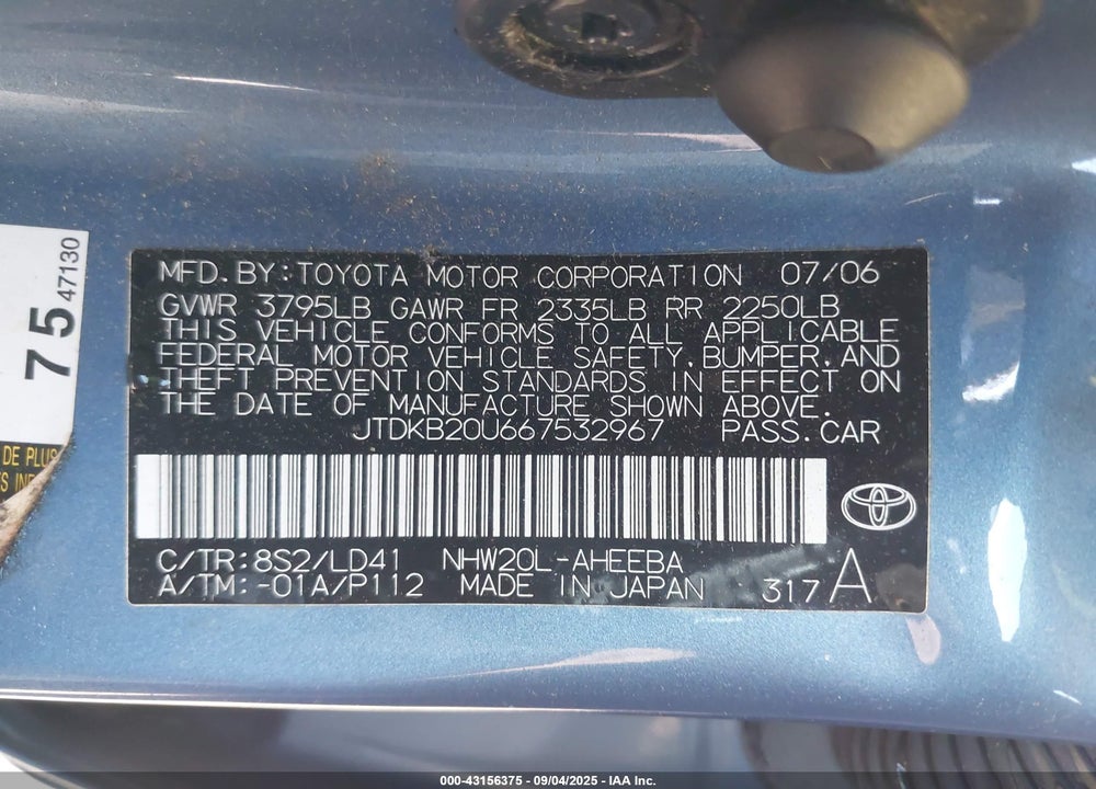 2006 TOYOTA PRIUS VIN: JTDKB20U667532967