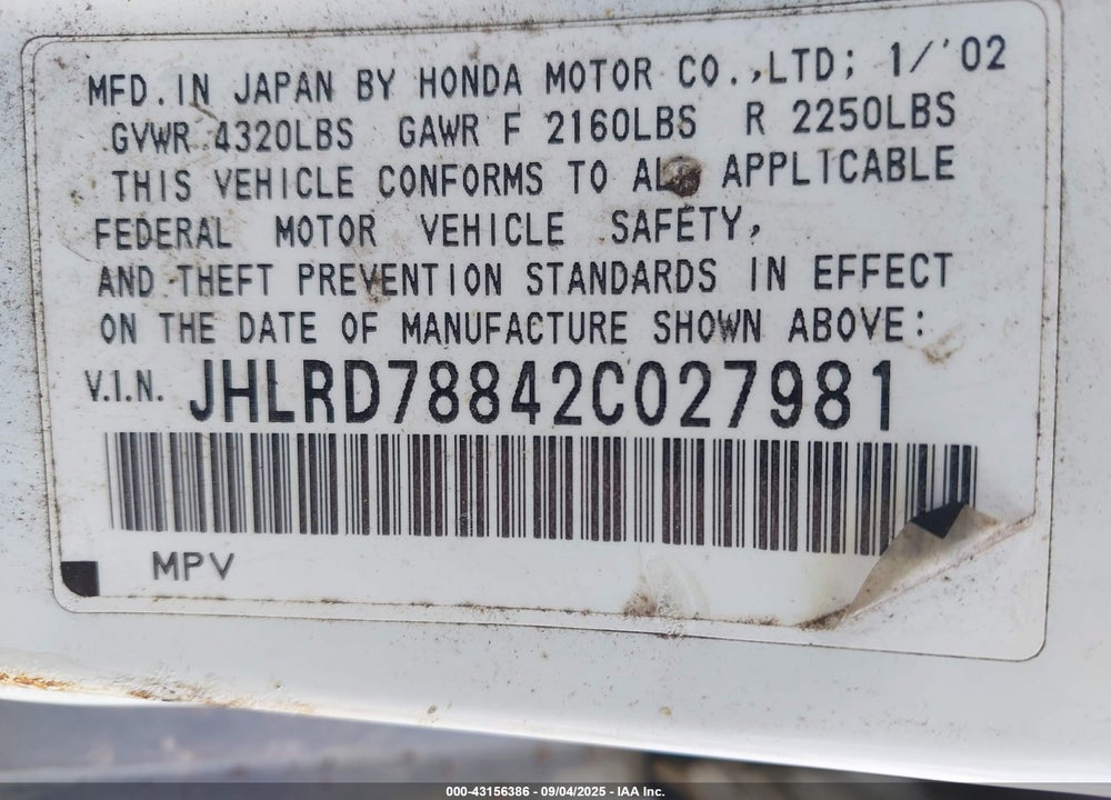 2002 HONDA CR-V EX VIN: JHLRD78842C027981