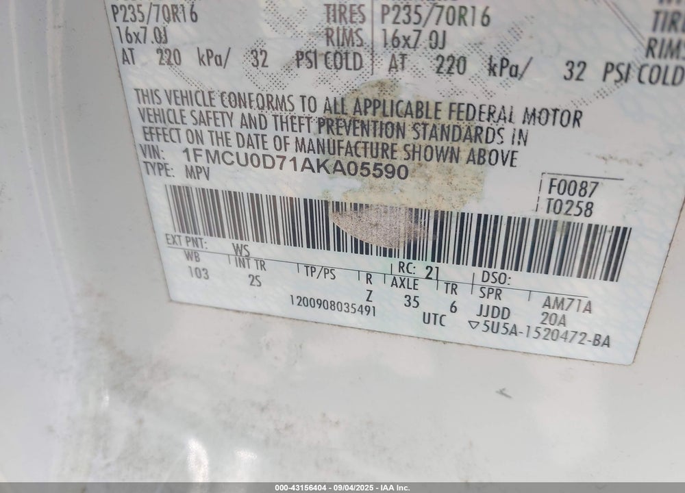 2010 FORD ESCAPE VIN: 1FMCU0D71AKA05590