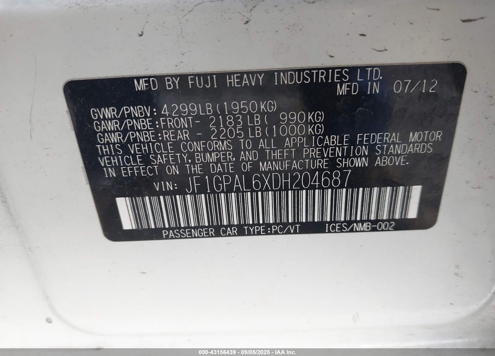 2013 SUBARU IMPREZA VIN: JF1GPAL6XDH204687