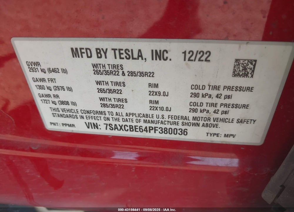 2023 TESLA MODEL X VIN: 7SAXCBE64PF380036