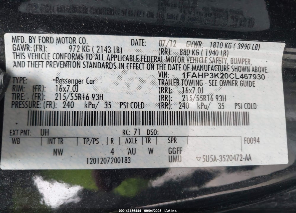 2012 FORD FOCUS VIN: 1FAHP3K20CL467930