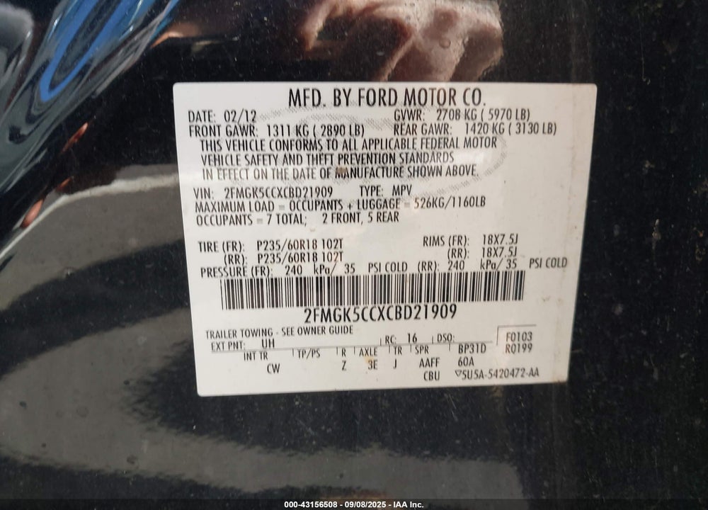 2012 FORD FLEX SEL VIN: 2FMGK5CCXCBD21909