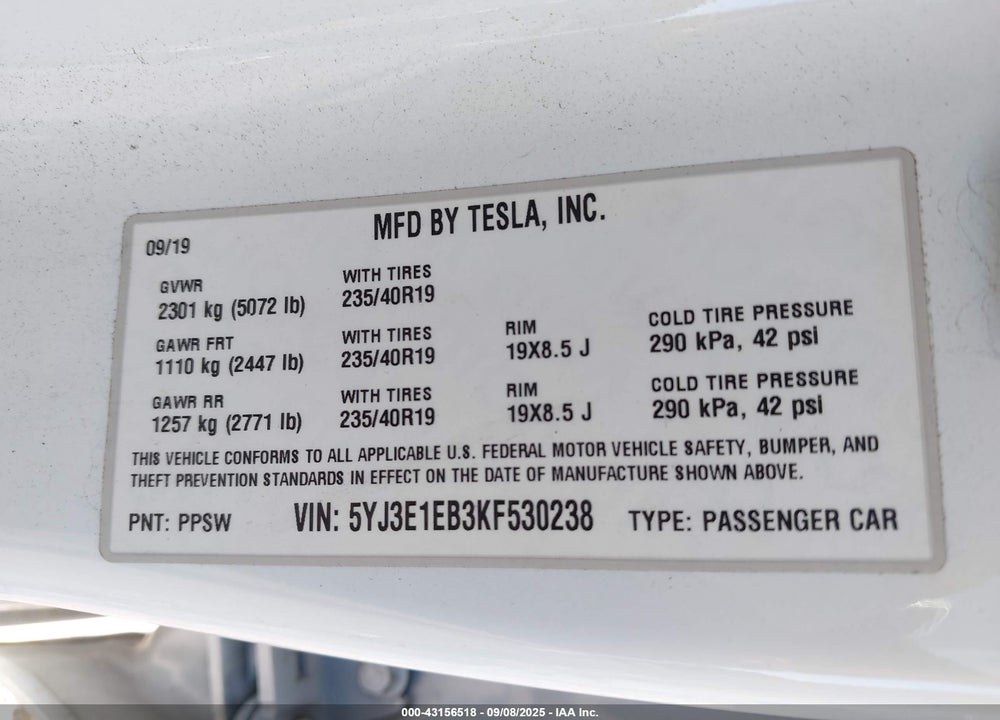 2019 TESLA MODEL 3 VIN: 5YJ3E1EB3KF530238