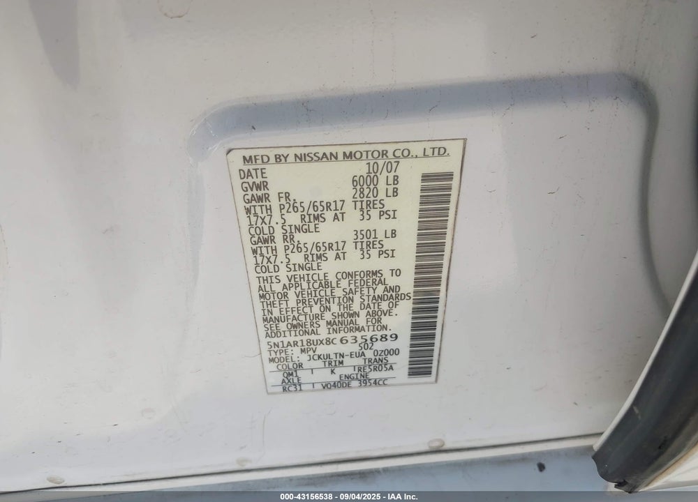 2008 NISSAN PATHFINDER SE VIN: 5N1AR18UX8C635689
