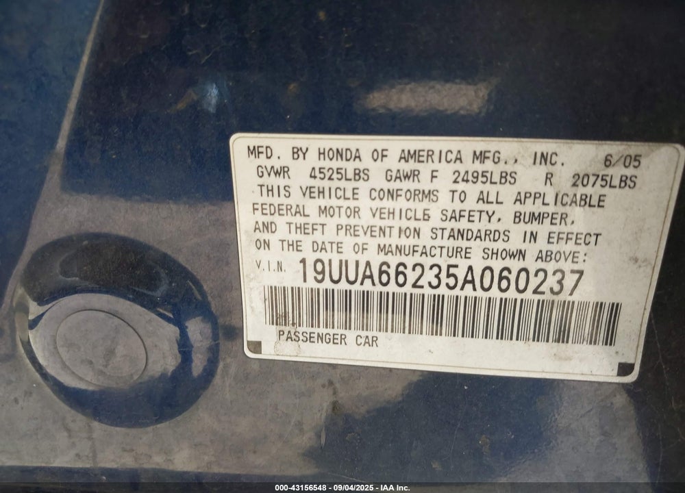 2005 ACURA TL VIN: 19UUA66235A060237