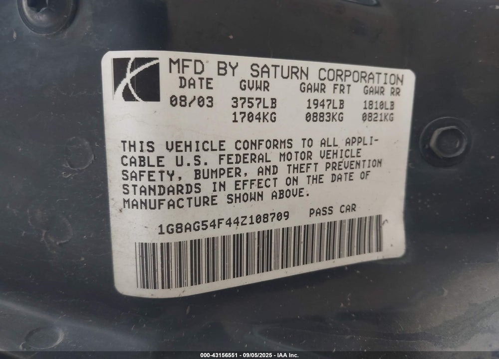 2004 SATURN ION 1 VIN: 1G8AG54F44Z108709