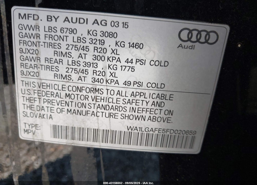2015 AUDI Q7 VIN: WA1LGAFE5FD020659