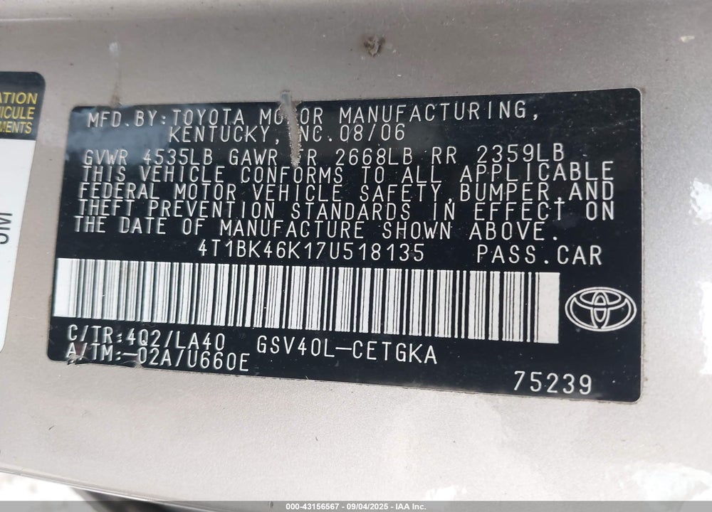 2007 TOYOTA CAMRY XLE V6 VIN: 4T1BK46K17U518135
