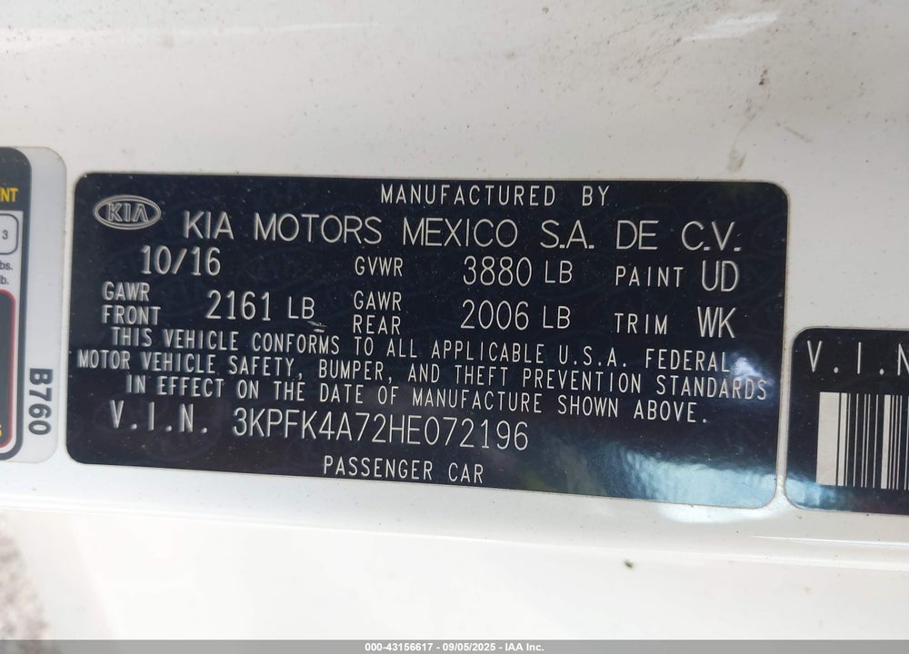 2017 KIA FORTE VIN: 3KPFK4A72HE072196