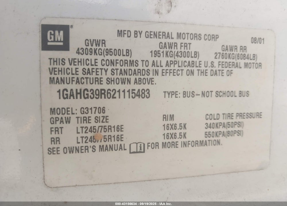2002 CHEVROLET EXPRESS VIN: 1GAHG39R621115483