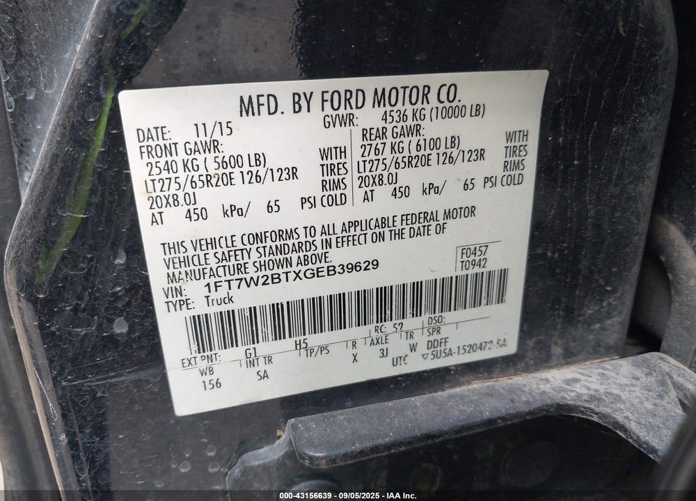 2016 FORD F-250 VIN: 1FT7W2BTXGEB39629