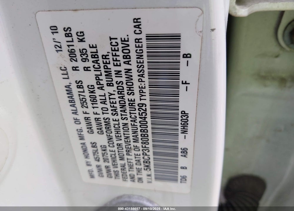 2011 HONDA ACCORD VIN: 5KBCP3F80BB004529