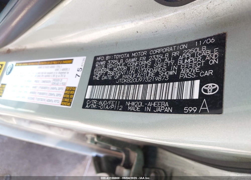 2007 TOYOTA PRIUS VIN: JTDKB20U973219873