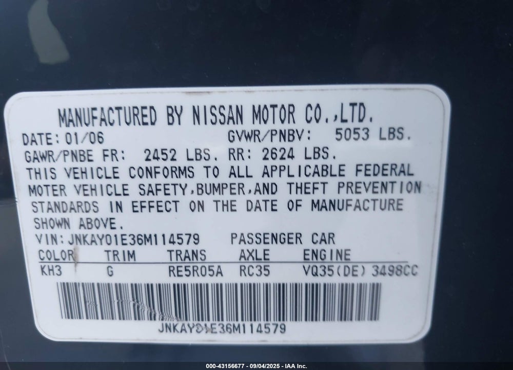 2006 INFINITI M35 SPORT VIN: JNKAY01E36M114579