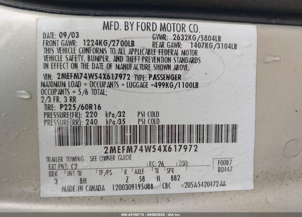2004 MERCURY GRAND MARQUIS GS VIN: 2MEFM74W54X617972