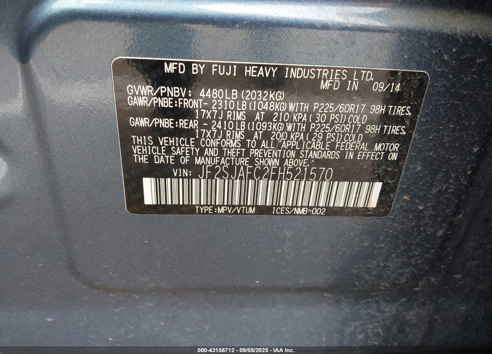 2015 SUBARU FORESTER VIN: JF2SJAFC2FH521570