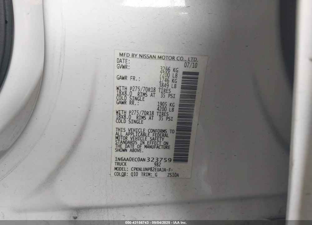 2010 NISSAN TITAN VIN: 1N6AA0EC0AN323759