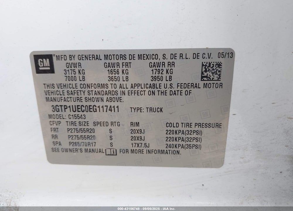 2014 GMC SIERRA 1500 VIN: 3GTP1UEC0EG117411