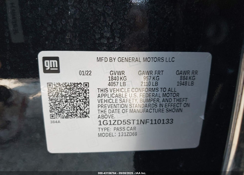 2022 CHEVROLET MALIBU VIN: 1G1ZD5ST1NF110133