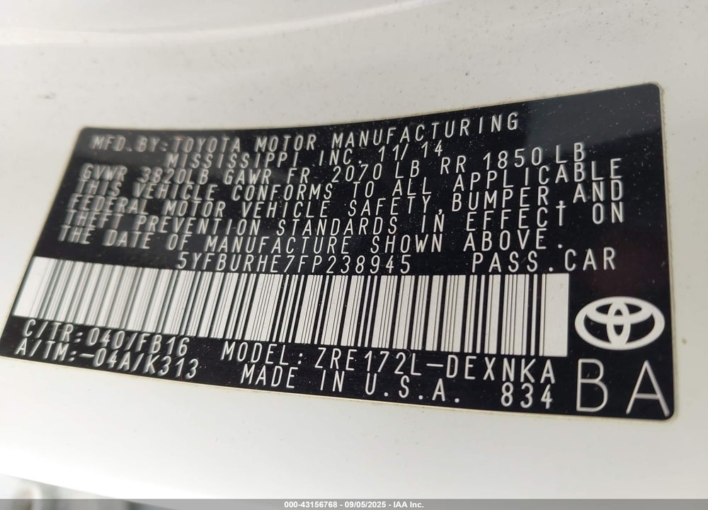 2015 TOYOTA COROLLA VIN: 5YFBURHE7FP238945