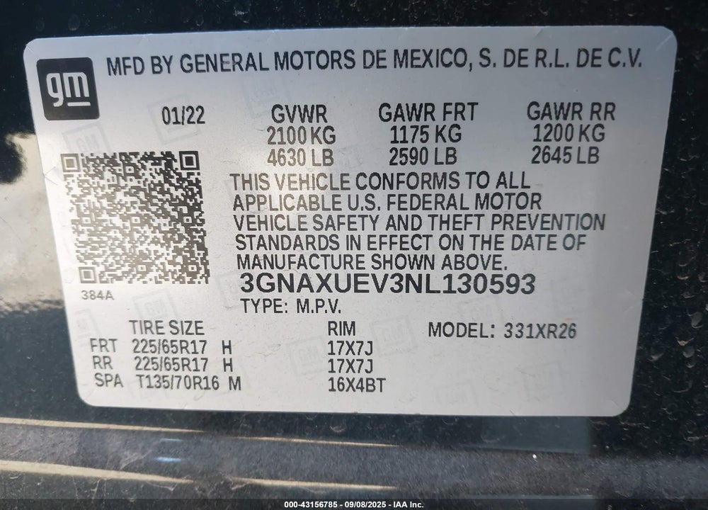 2022 CHEVROLET EQUINOX VIN: 3GNAXUEV3NL130593