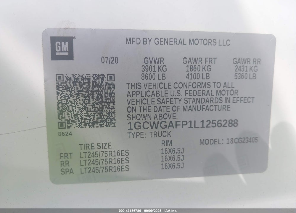 2020 CHEVROLET EXPRESS CARGO VIN: 1GCWGAFP1L1256288