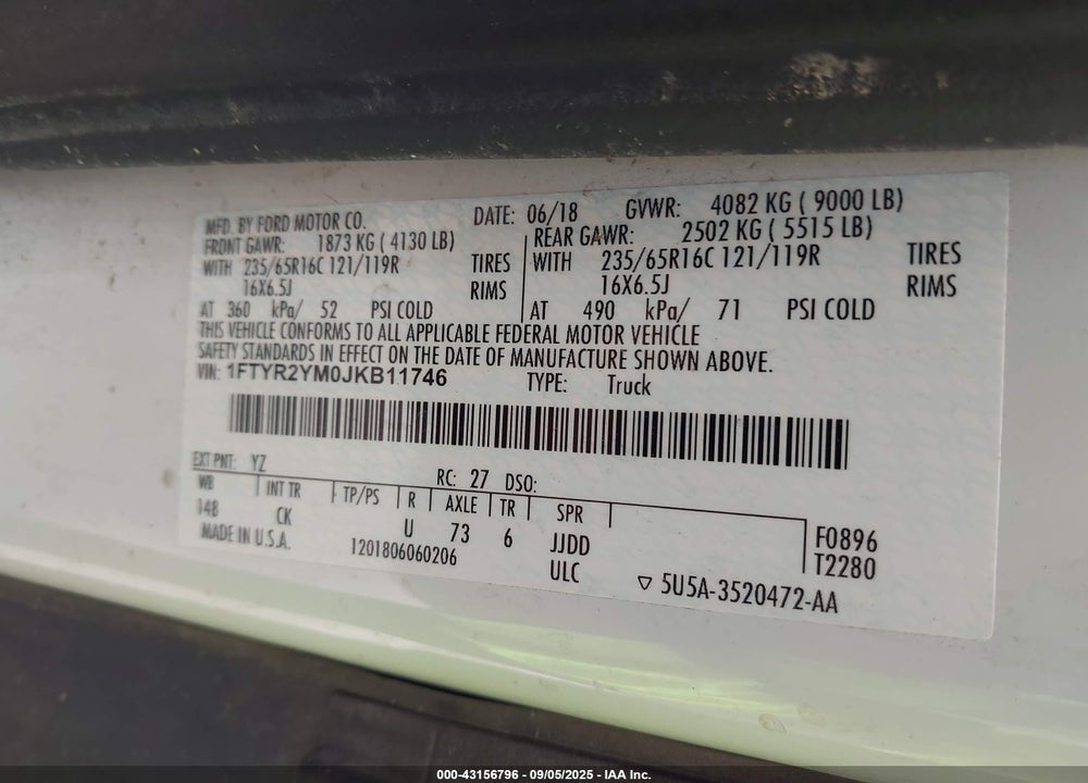 2018 FORD TRANSIT-250 VIN: 1FTYR2YM0JKB11746