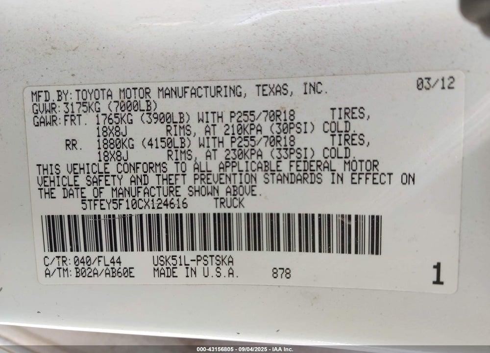 2012 TOYOTA TUNDRA VIN: 5TFEY5F10CX124616