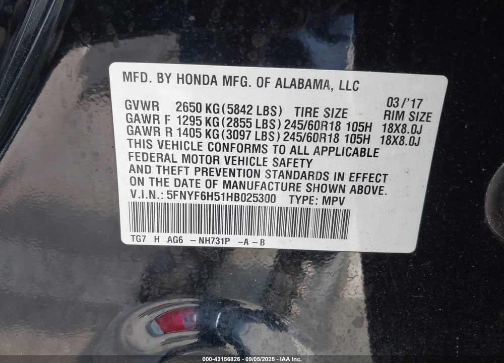 2017 HONDA PILOT EX-L VIN: 5FNYF6H51HB025300