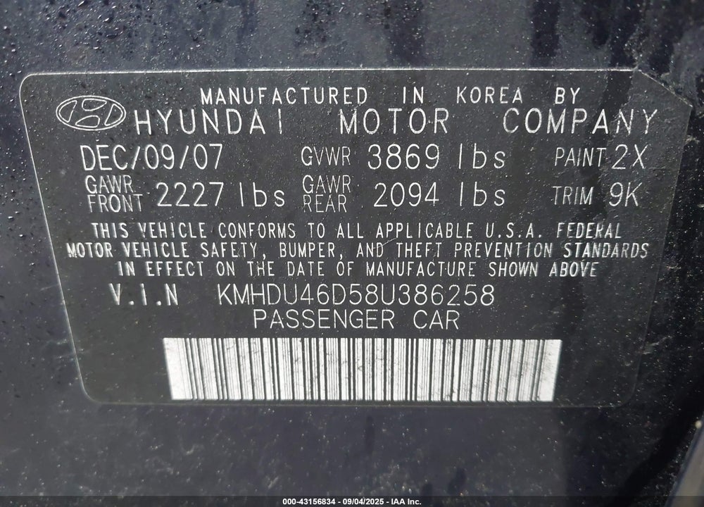 2008 HYUNDAI ELANTRA GLS/SE VIN: KMHDU46D58U386258